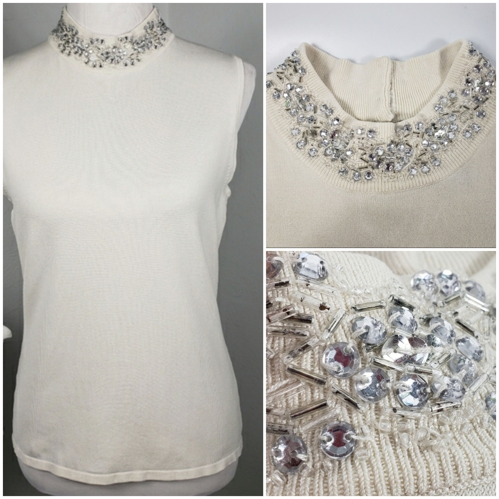 Style & Co White Silk w/ Silver & Clear Crystals Turtleneck Sleeveless Vintage M